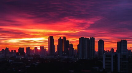 Obraz premium A vibrant sunset over a city skyline, showcasing silhouettes of buildings against colorful skies.