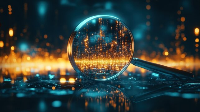 A magnifying glass reflects binary code against a vibrant background of glowing lights.