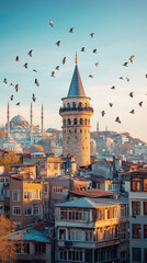 Fototapeta premium Historic Galata Tower in Istanbuls skyline with birds flying