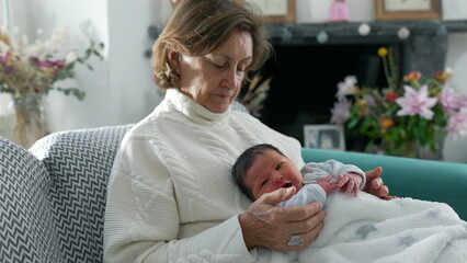Grandmother holding newborn close, in a warm and nurturing embrace, symbolizing the deep bond and...