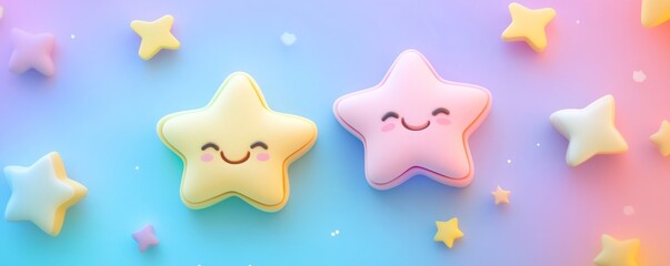 Two smiling cartoon stars floating on pastel background