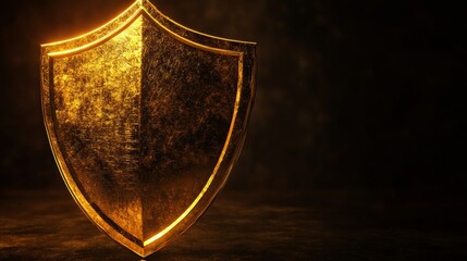 Golden shield standing up on dark background protecting from attack