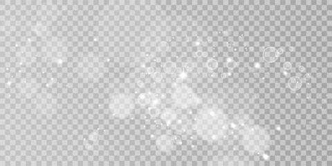 White png dust light. Bokeh light lights effect background. Christmas background of shining dust Christmas glowing light bokeh confetti and spark overlay texture for your design.	