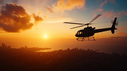A helicopter flies over a coastal city at sunrise, casting a silhouette against the vibrant orange sky. The helicopter, a symbol of transportation and adventure, soars above the cityscape, highlightin