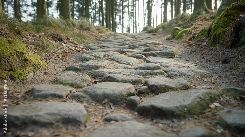 Poster  Path amidst forest, moss on rocks, trees in background