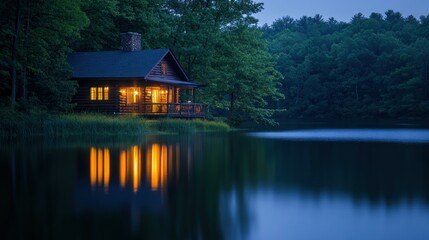 Fototapeta premium A serene cabin by a calm lake at dusk, reflecting warm light and surrounded by trees.