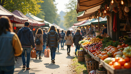 Naklejka premium Outdoor market scene with vendors and customers, selling fresh produce and local goods, capturing a lively community atmosphere. Suitable for cultural, retail, or urban lifestyle themes.