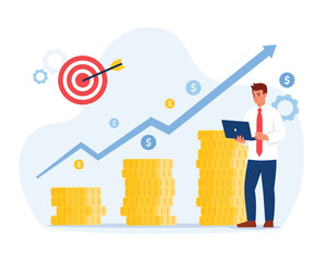 Vector illustration of income growth.Cartoon scene of a guy with a laptop reporting on the increase in profits: stacks of gold coins, growth arrow, target with an arrow isolated on a white background.