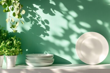 A minimalist kitchen with a green wall, sunlight streaming in creating a natural, airy and bright ambiance. The wall is adorned with a hanging plant creating a serene, botanical feel. A stack of white