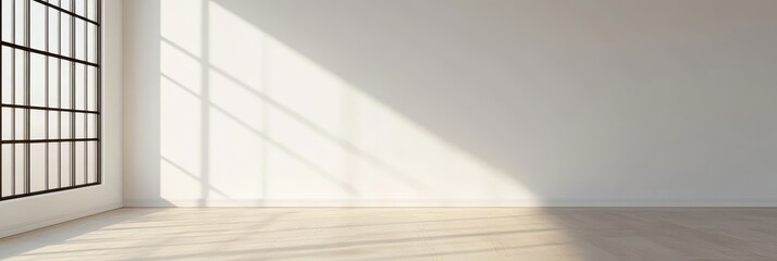 Obraz premium A minimalist, modern room with a large window allowing natural light to stream in. The room is empty, providing a blank canvas for design possibilities. The sunlight creates interesting shadows on the