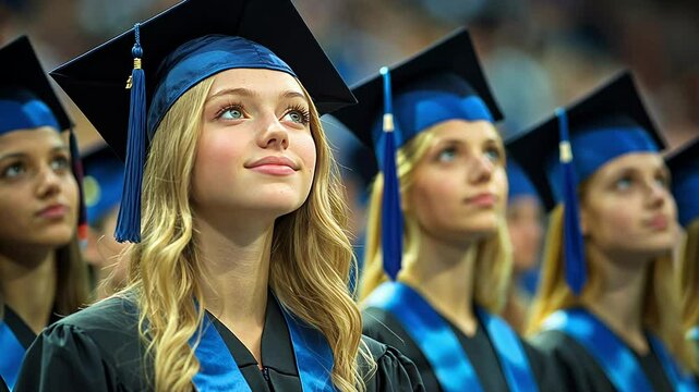 A proud moment unfolds as graduates wearing blue caps and gowns eagerly await their turn to be recognized during the spring graduation ceremony at the high school.