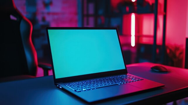 Laptop with Green Screen in a Modern Gaming Setup