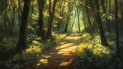 Obraz premium A Sunlit Path Through a Dense, Green Forest