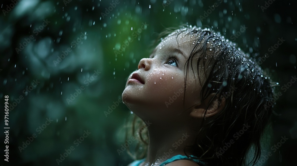 Sticker A child gazes upward in the rain, capturing a moment of wonder and innocence.