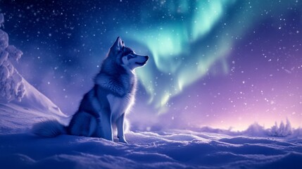 Naklejka premium Majestic husky dog sitting in snowy landscape looking at northern lights