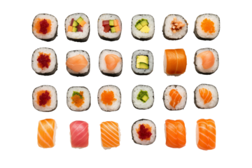 Sushi top view on transparent background. Sushi themes. Top view. Asian cuisine themes. Asian restaurant. Sushi making. PNG cut out. Image for graphic designer. Image for flyers.