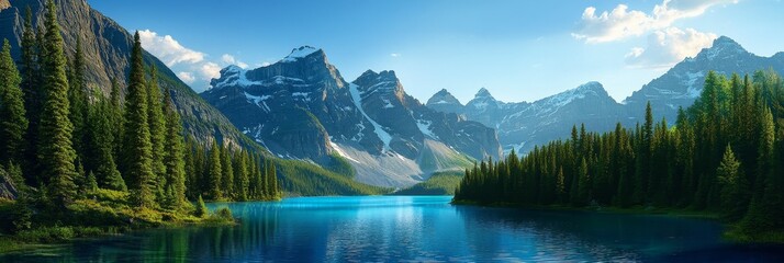 A panoramic view of Moraine Lake in Banff National Park, Canada, showcasing the vibrant turquoise waters surrounded by majestic snow-capped mountains and lush evergreen forests. The scene embodies pea