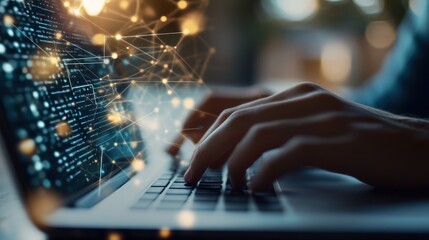 Coding and Technology: Hands Typing on a Laptop with a Network of Connections