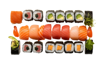 Sushi top view on transparent background. Sushi themes. Top view. Asian cuisine themes. Asian restaurant. Sushi making. PNG cut out. Image for graphic designer. Image for flyers.