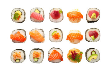 Sushi top view on transparent background. Sushi themes. Top view. Asian cuisine themes. Asian restaurant. Sushi making. PNG cut out. Image for graphic designer. Image for flyers.