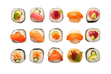 Sushi top view on transparent background. Sushi themes. Top view. Asian cuisine themes. Asian restaurant. Sushi making. PNG cut out. Image for graphic designer. Image for flyers.