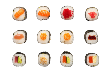 Sushi top view on transparent background. Sushi themes. Top view. Asian cuisine themes. Asian restaurant. Sushi making. PNG cut out. Image for graphic designer. Image for flyers.