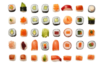 Sushi top view on transparent background. Sushi themes. Top view. Asian cuisine themes. Asian restaurant. Sushi making. PNG cut out. Image for graphic designer. Image for flyers.