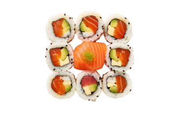 Sushi top view on transparent background. Sushi themes. Top view. Asian cuisine themes. Asian restaurant. Sushi making. PNG cut out. Image for graphic designer. Image for flyers.