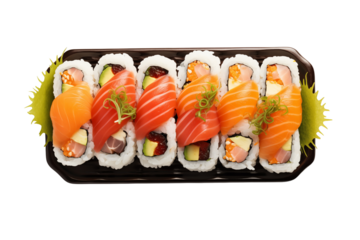 Sushi top view on transparent background. Sushi themes. Top view. Asian cuisine themes. Asian restaurant. Sushi making. PNG cut out. Image for graphic designer. Image for flyers.
