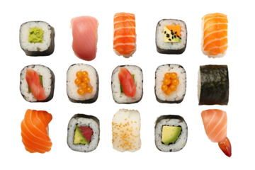 Sushi top view on transparent background. Sushi themes. Top view. Asian cuisine themes. Asian restaurant. Sushi making. PNG cut out. Image for graphic designer. Image for flyers.