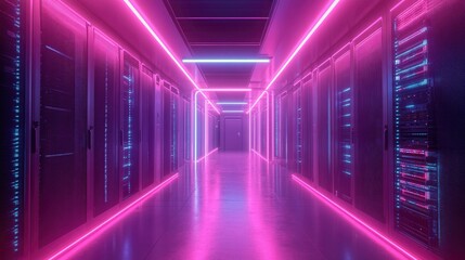 Fototapeta premium A futuristic server room with neon lights.
