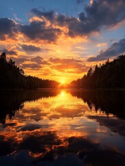 Obraz premium A picturesque sunset over a tranquil lake, with golden hues reflecting on the water. The image captures the serenity of nature, with a sense of peace and calm. The silhouette of the trees creates a be