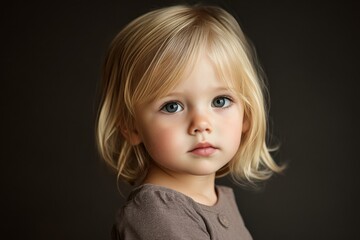 Naklejka premium A portrait of a young girl with blonde hair and blue eyes, looking directly at the camera. She is wearing a brown shirt and has a serious expression on her face. She represents innocence, childhood, 