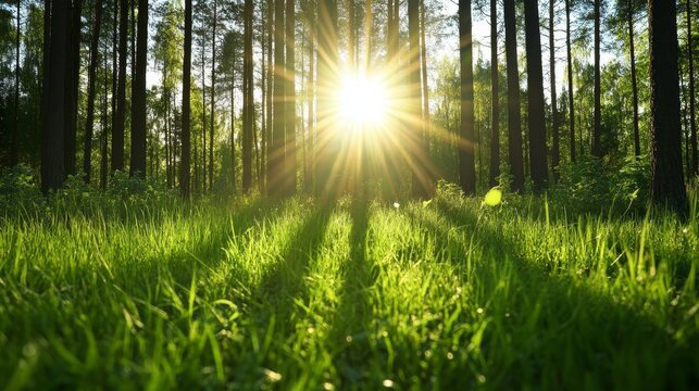 A picturesque view of a forest in spring, where sunlight bursts through the canopy, casting rays of light onto a vibrant green carpet of grass. The scene evokes a sense of serenity, peace, and the bea