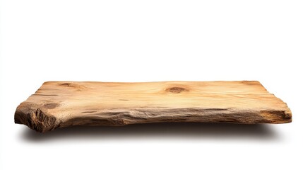 A rustic wooden plank with a natural, rough texture, isolated on a white background. This plank is perfect for displaying products, creating a natural and inviting feel.