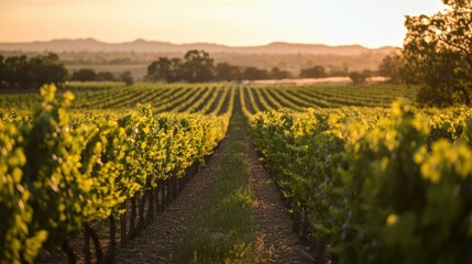 Naklejka premium A serene vineyard landscape at sunset, showcasing rows of grapevines and rolling hills.