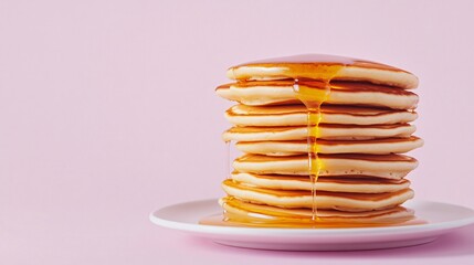 Minimalist pancake stack with honey dripping down, styled on a pale lavender background for a clean, fresh look