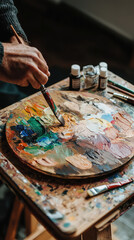 Fototapeta premium A painter mixing oil paints on wooden palette, showcasing vibrant colors and creativity