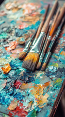 Obraz premium Bright colors on painters palette with brushes creating vibrant art