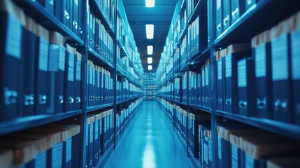 Obraz premium Endless Rows of Files in a Blue-Lit Archive