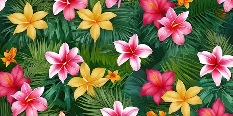 Tropical Paradise: Lush Green Palm Leaves & Pink Plumeria Flowers - Exotic Botanical Pattern
