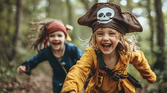 Children in pirate costume playing outdoors. Funny boy pretends to be captain of ship. Happy childhood with adventure games. Talk like a pirate day - Powered by Adobe