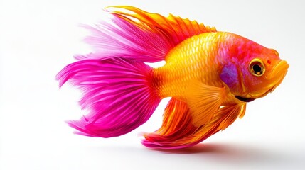 Fototapeta premium A single, colorful fish with vibrant pink and orange fins is isolated against a pristine white background. The fish's intricate scales and flowing fins create a sense of movement and elegance. The bri