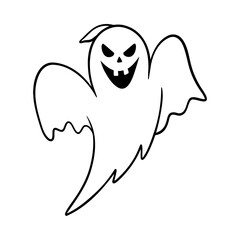 Sinister laughing Halloween ghost illustration in line art style. Graphic monochrome drawing. Hand drawn outline sketch, engraved doodle illustration. For coloring book, invitation, decoration.