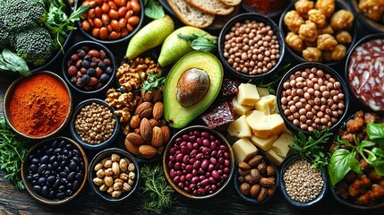   A variety of different foods are arranged in small black bowls on a wooden surface Included are broccoli, cauliflower, beans, and avocado