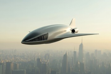 Obraz premium A sleek, silver futuristic private jet glides effortlessly above a sprawling cityscape, showcasing the potential of advanced aircraft design. This image symbolizes luxury, innovation, speed, and progr