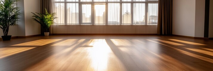 A spacious, modern room with large windows that allow natural sunlight to flood in, creating warm, inviting ambiance. The room features hardwood floors, minimal decor, and a sense of openness.