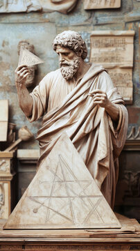 Pythagoras explaining mathematical concepts with triangle and compass