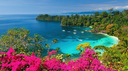 Obraz premium Water with boats, surrounded by trees, hillside, & pink flowers