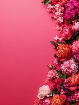 A stunning floral arrangement featuring pink and orange peonies and roses against a bright pink background. The flowers are arranged in a vertical line along the right side of the image, leaving plent